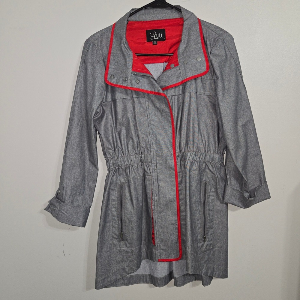 S#26 Luii Women's Gray Utility Jacket Red Trim Drawstring Size Small